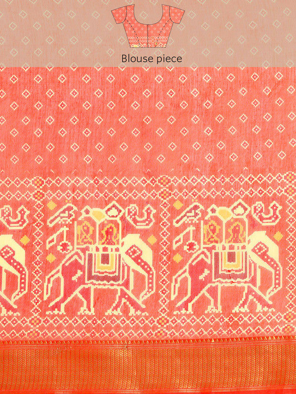 Orange Silk Cotton Printed Striped Saree with Unstitched Blouse - Hiral Fashion - Distacart