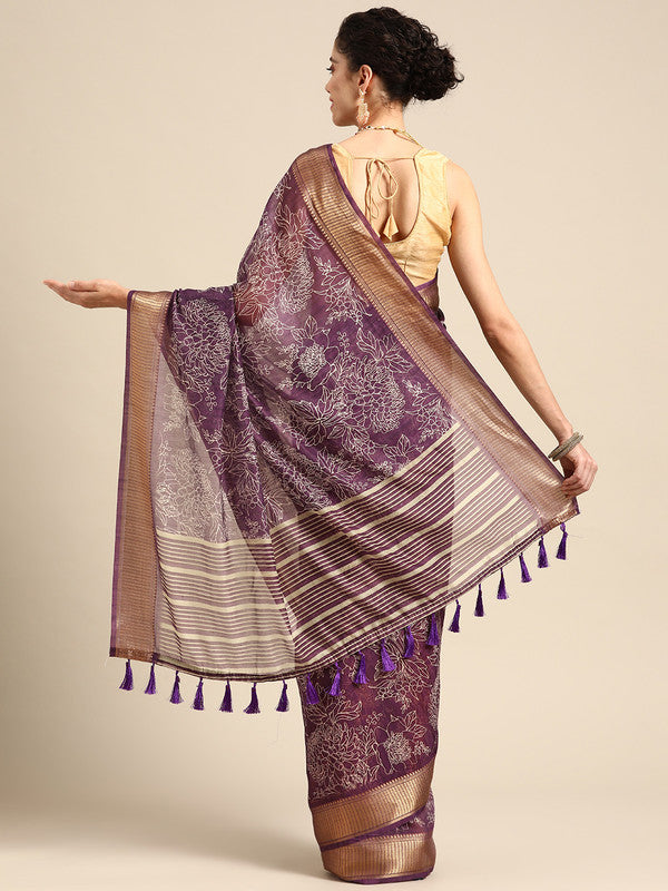Purple Silk Cotton Printed Floral Saree with Unstitched Blouse - Hiral Fashion - Distacart