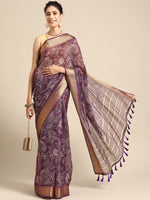 Thumbnail for Purple Silk Cotton Printed Floral Saree with Unstitched Blouse - Hiral Fashion - Distacart