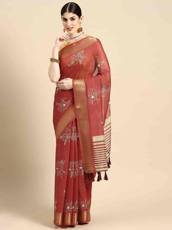 Red Silk Cotton Printed Floral Saree with Unstitched Blouse - Hiral Fashion - Distacart