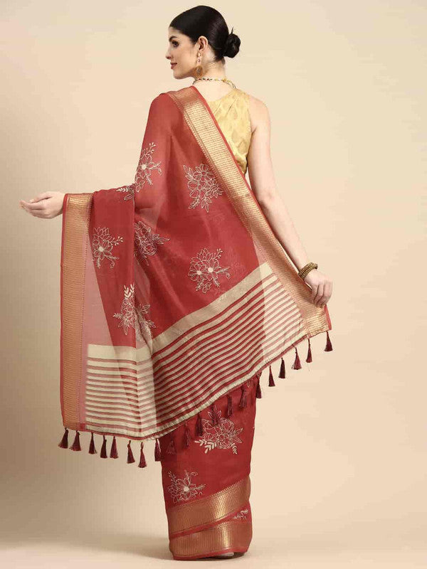 Red Silk Cotton Printed Floral Saree with Unstitched Blouse - Hiral Fashion - Distacart