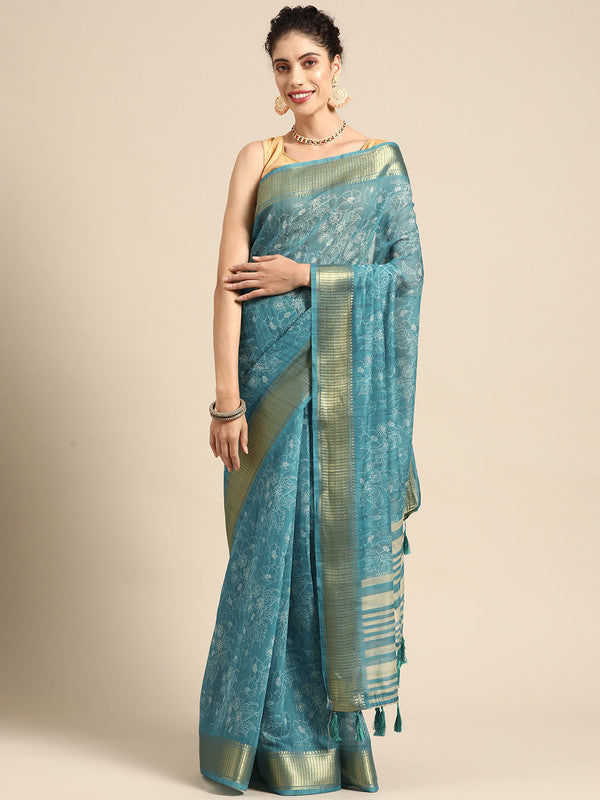 Turquoise Silk Cotton Printed Floral Saree with Unstitched Blouse - Hiral Fashion - Distacart