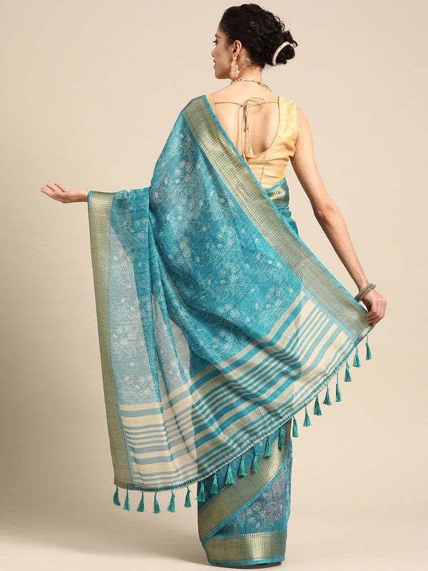 Turquoise Silk Cotton Printed Floral Saree with Unstitched Blouse - Hiral Fashion - Distacart