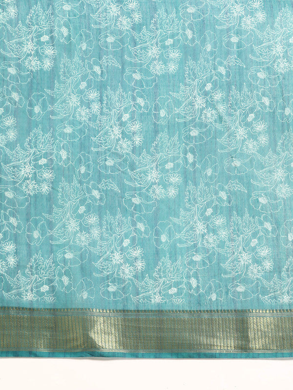 Turquoise Silk Cotton Printed Floral Saree with Unstitched Blouse - Hiral Fashion - Distacart