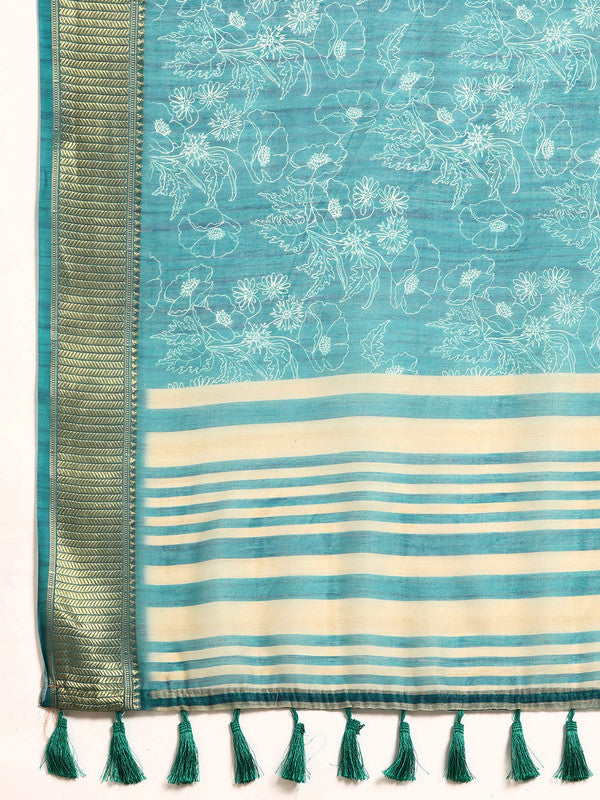 Turquoise Silk Cotton Printed Floral Saree with Unstitched Blouse - Hiral Fashion - Distacart