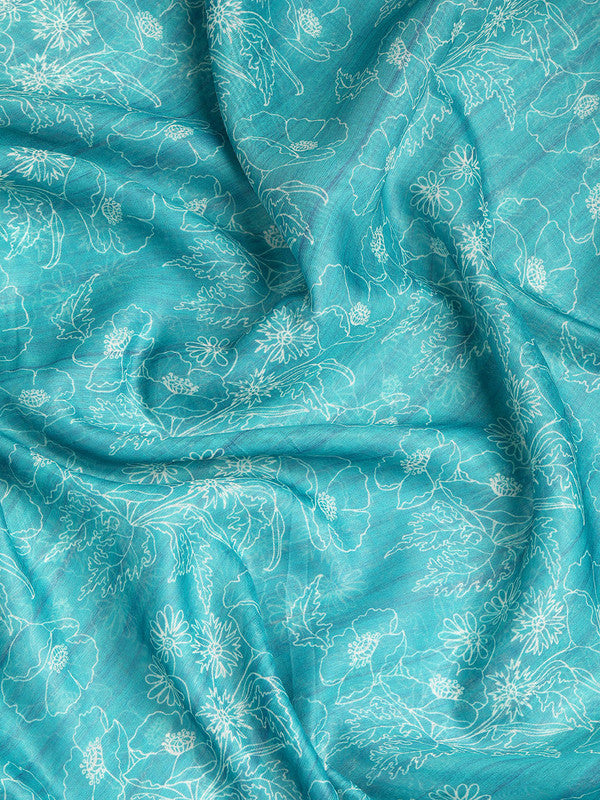 Turquoise Silk Cotton Printed Floral Saree with Unstitched Blouse - Hiral Fashion - Distacart