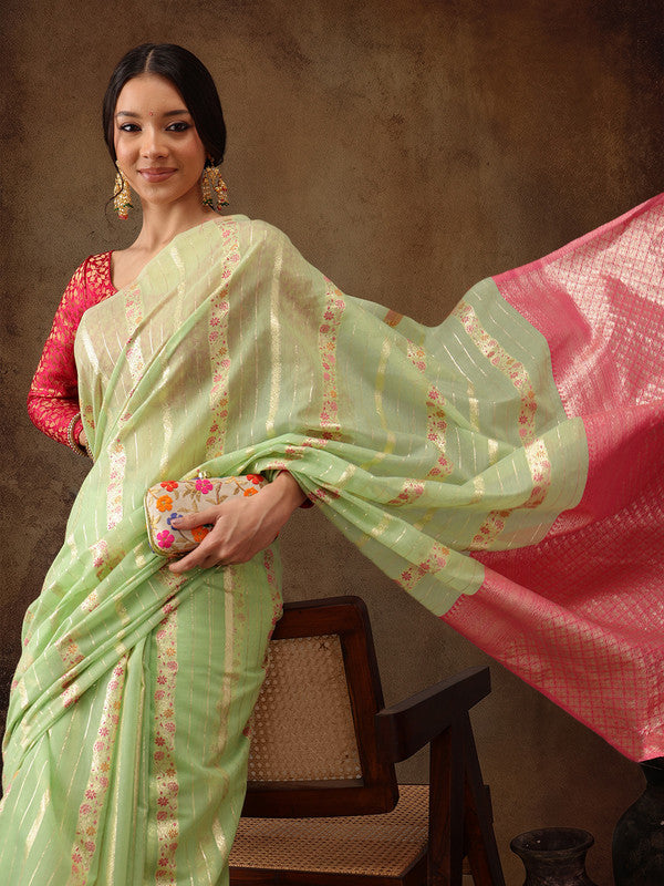 Green Cotton Woven Zari Design Floral Saree with Unstitched Blouse - Hiral Fashion - Distacart