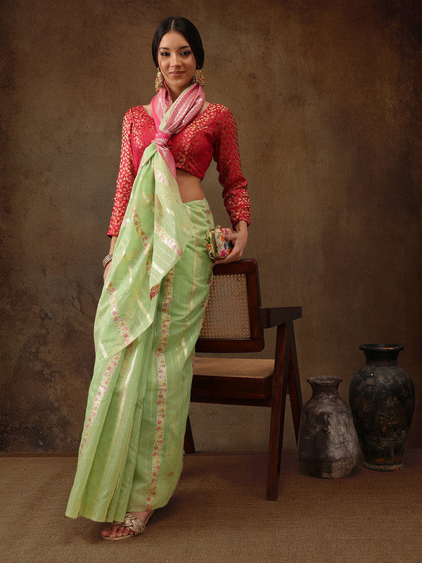 Green Cotton Woven Zari Design Floral Saree with Unstitched Blouse - Hiral Fashion - Distacart