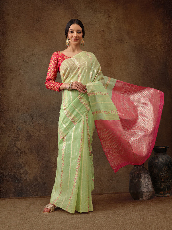 Green Cotton Woven Zari Design Floral Saree with Unstitched Blouse - Hiral Fashion - Distacart
