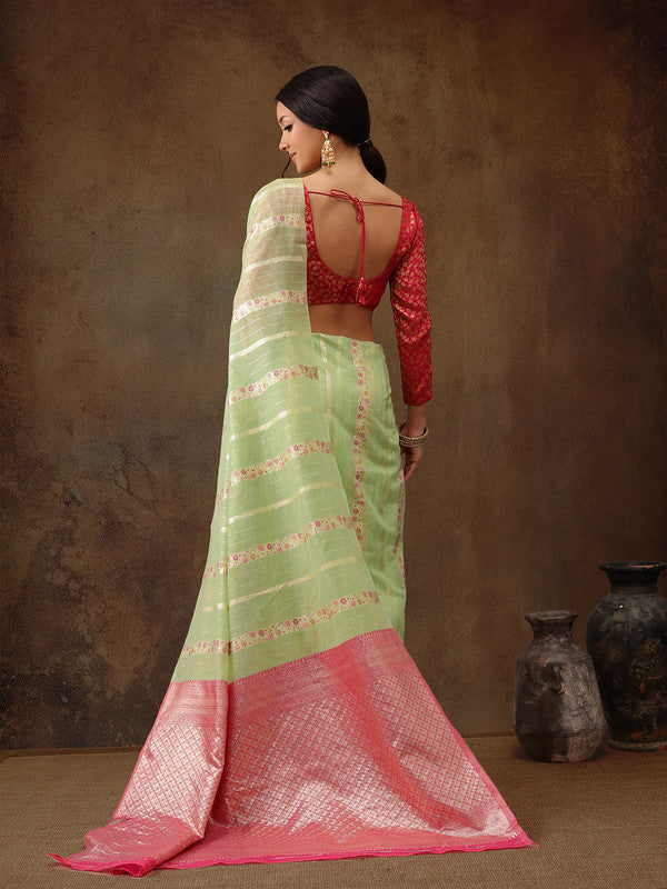 Green Cotton Woven Zari Design Floral Saree with Unstitched Blouse - Hiral Fashion - Distacart