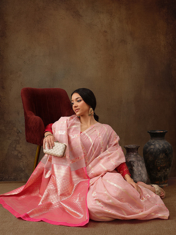 Pink Cotton Woven Zari Design Floral Saree with Unstitched Blouse - Hiral Fashion - Distacart