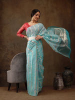 Thumbnail for Turquoise Cotton Woven Zari Design Floral Saree with Unstitched Blouse - Hiral Fashion - Distacart