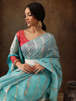 Thumbnail for Turquoise Cotton Woven Zari Design Floral Saree with Unstitched Blouse - Hiral Fashion - Distacart