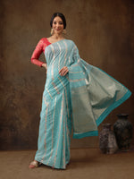 Thumbnail for Turquoise Cotton Woven Zari Design Floral Saree with Unstitched Blouse - Hiral Fashion - Distacart
