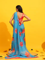 Thumbnail for Blue Silk Blend Printed Floral Saree with Unstitched Blouse - Hiral Fashion - Distacart