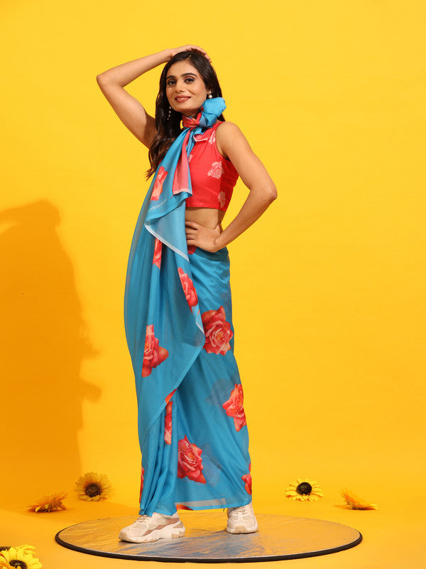 Blue Silk Blend Printed Floral Saree with Unstitched Blouse - Hiral Fashion - Distacart