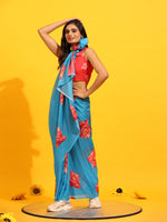 Thumbnail for Blue Silk Blend Printed Floral Saree with Unstitched Blouse - Hiral Fashion - Distacart