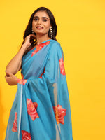 Thumbnail for Blue Silk Blend Printed Floral Saree with Unstitched Blouse - Hiral Fashion - Distacart