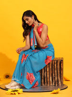 Thumbnail for Blue Silk Blend Printed Floral Saree with Unstitched Blouse - Hiral Fashion - Distacart