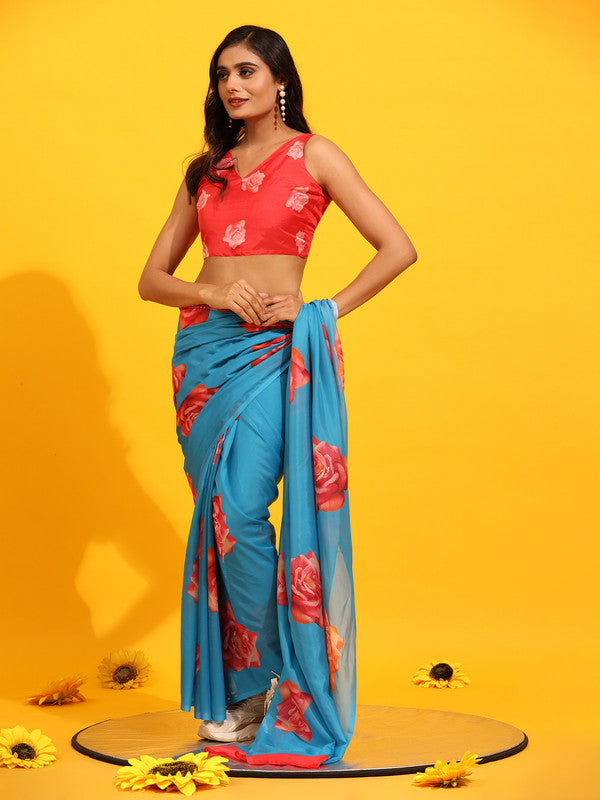 Blue Silk Blend Printed Floral Saree with Unstitched Blouse - Hiral Fashion - Distacart