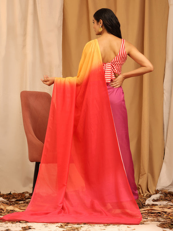 Multicolor Silk Blend Printed Solid Saree with Unstitched Blouse - Hiral Fashion - Distacart