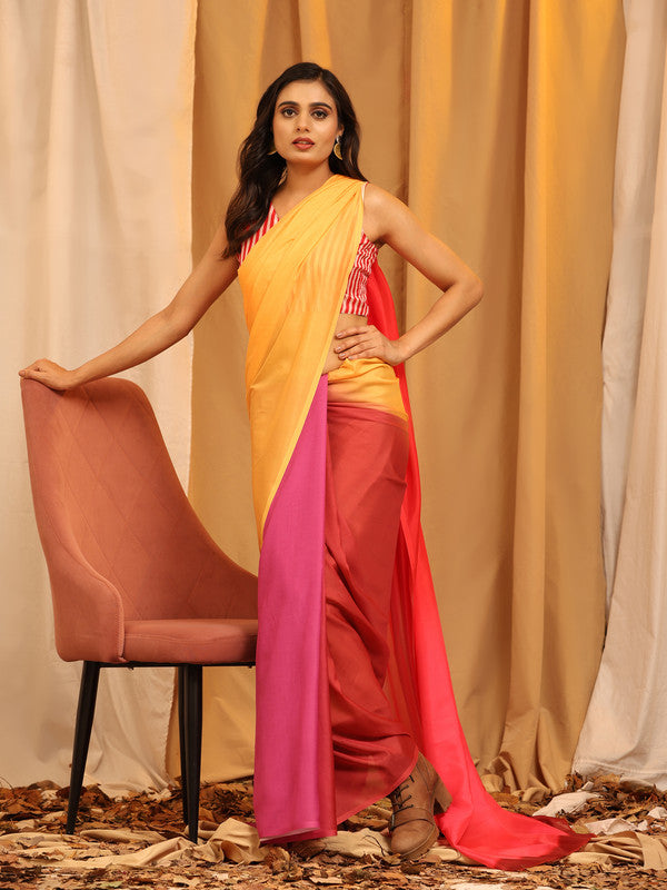 Multicolor Silk Blend Printed Solid Saree with Unstitched Blouse - Hiral Fashion - Distacart