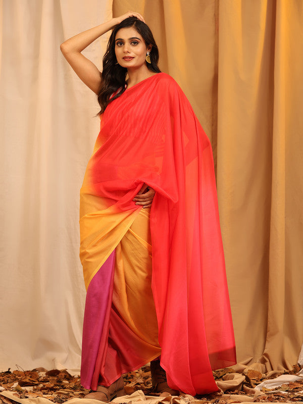 Multicolor Silk Blend Printed Solid Saree with Unstitched Blouse - Hiral Fashion - Distacart