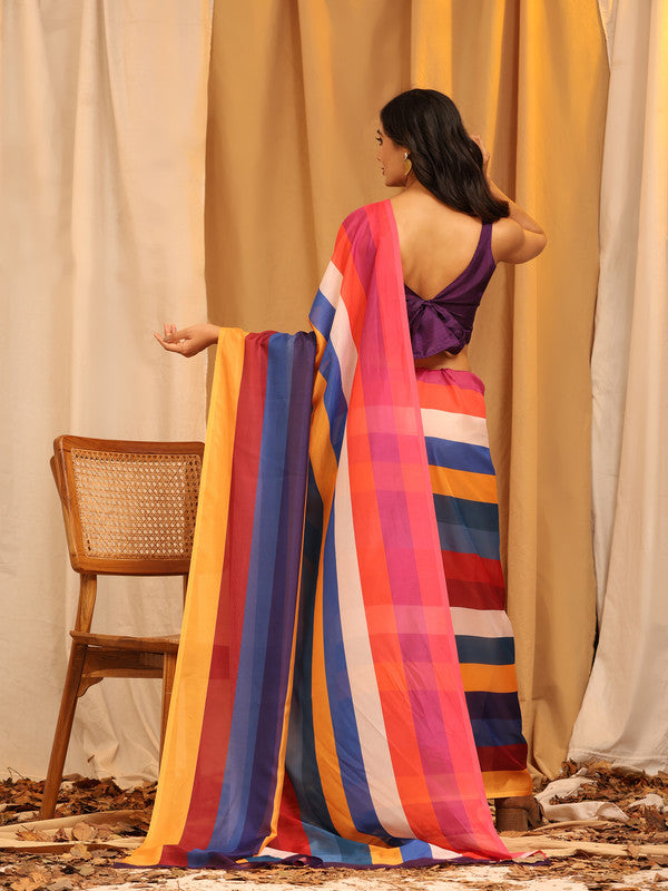Multicolor Silk Blend Printed Striped Saree with Unstitched Blouse - Hiral Fashion - Distacart