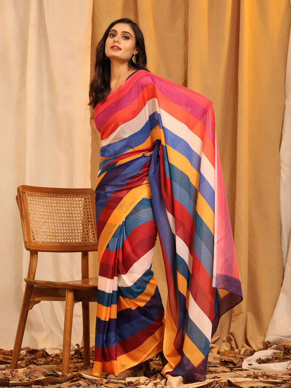 Multicolor Silk Blend Printed Striped Saree with Unstitched Blouse - Hiral Fashion - Distacart