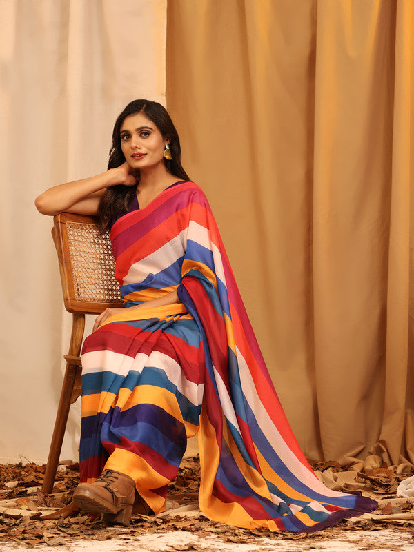 Multicolor Silk Blend Printed Striped Saree with Unstitched Blouse - Hiral Fashion - Distacart