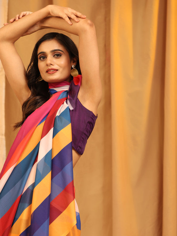 Multicolor Silk Blend Printed Striped Saree with Unstitched Blouse - Hiral Fashion - Distacart