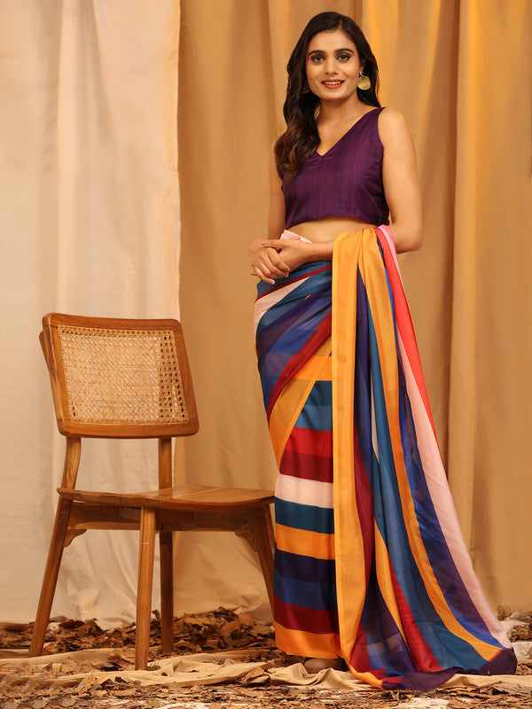Multicolor Silk Blend Printed Striped Saree with Unstitched Blouse - Hiral Fashion - Distacart