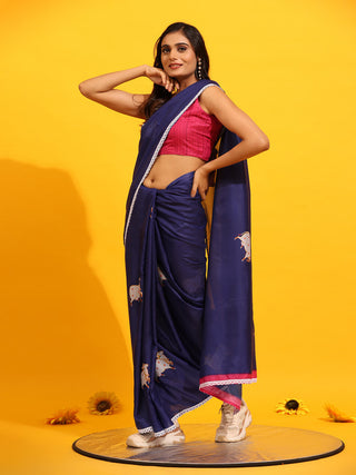 Navy Blue Silk Blend Printed Kalamkari Saree with Unstitched Blouse - Hiral Fashion - Distacart