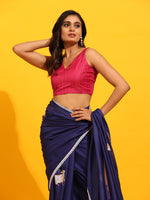 Thumbnail for Navy Blue Silk Blend Printed Kalamkari Saree with Unstitched Blouse - Hiral Fashion - Distacart