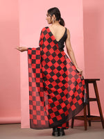 Thumbnail for Red Silk Blend Printed Striped Saree with Unstitched Blouse - Hiral Fashion - Distacart