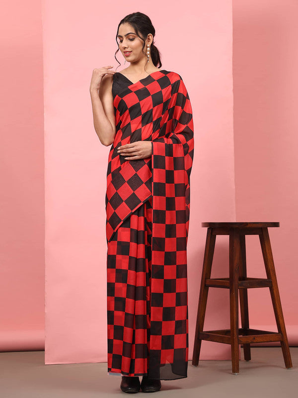 Red Silk Blend Printed Striped Saree with Unstitched Blouse - Hiral Fashion - Distacart