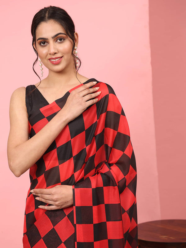 Red Silk Blend Printed Striped Saree with Unstitched Blouse - Hiral Fashion - Distacart