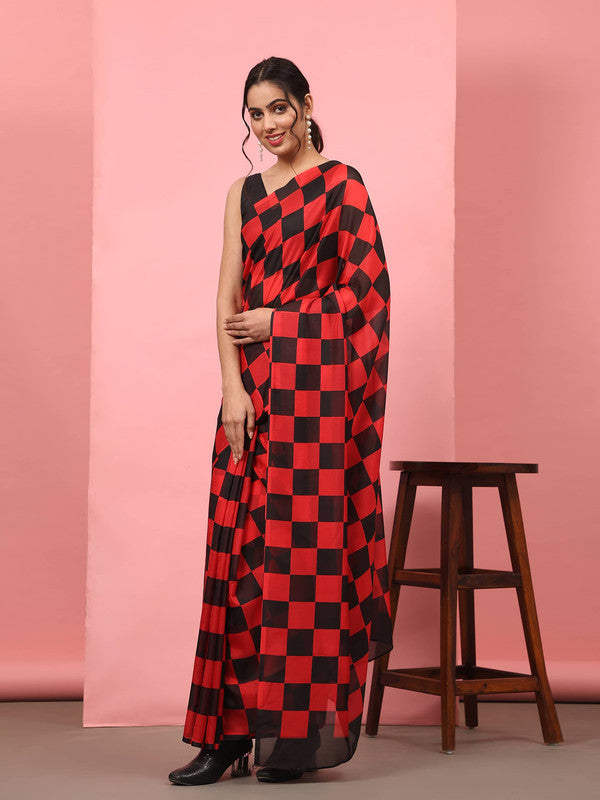 Red Silk Blend Printed Striped Saree with Unstitched Blouse - Hiral Fashion - Distacart