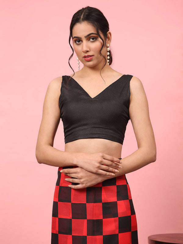 Red Silk Blend Printed Striped Saree with Unstitched Blouse - Hiral Fashion - Distacart