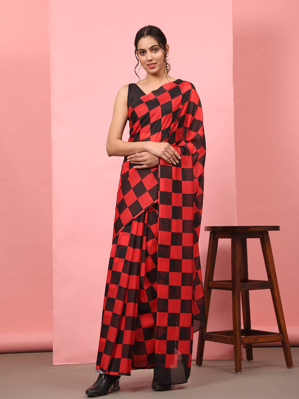 Red Silk Blend Printed Striped Saree with Unstitched Blouse - Hiral Fashion - Distacart
