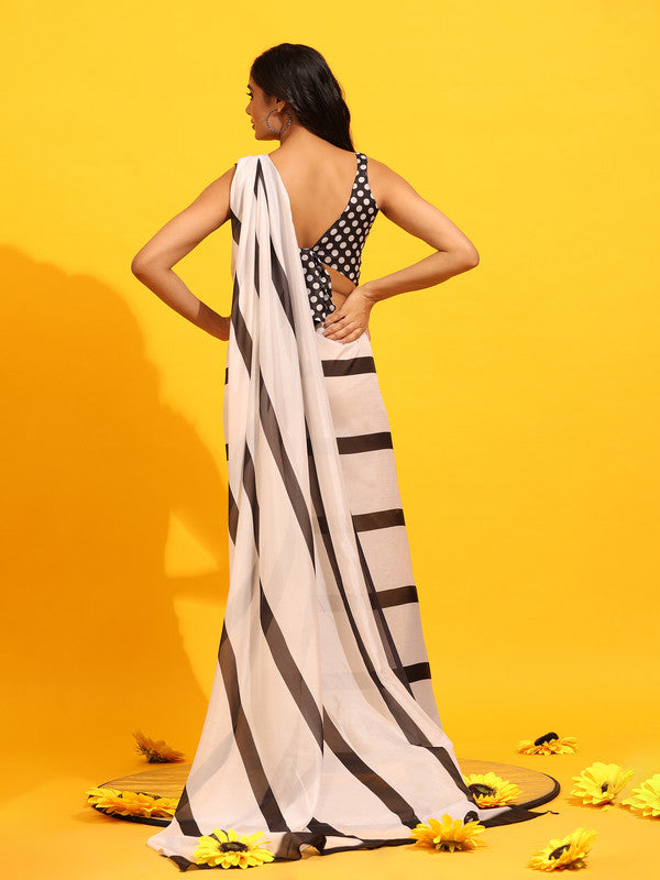 White Silk Blend Printed Striped Saree with Unstitched Blouse - Hiral Fashion - Distacart