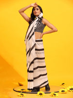 Thumbnail for White Silk Blend Printed Striped Saree with Unstitched Blouse - Hiral Fashion - Distacart