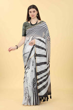 Thumbnail for Black Cotton Blend Printed Striped Saree with Unstitched Blouse - Hiral Fashion - Distacart