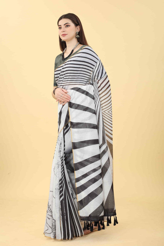 Black Cotton Blend Printed Striped Saree with Unstitched Blouse - Hiral Fashion - Distacart