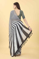 Thumbnail for Black Cotton Blend Printed Striped Saree with Unstitched Blouse - Hiral Fashion - Distacart