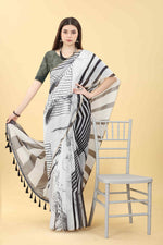 Thumbnail for Black Cotton Blend Printed Striped Saree with Unstitched Blouse - Hiral Fashion - Distacart