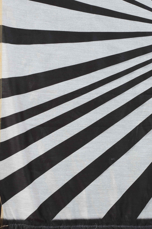 Black Cotton Blend Printed Striped Saree with Unstitched Blouse - Hiral Fashion - Distacart
