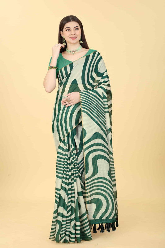 Green Cotton Blend Printed Striped Saree with Unstitched Blouse - Hiral Fashion - Distacart