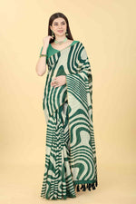 Thumbnail for Green Cotton Blend Printed Striped Saree with Unstitched Blouse - Hiral Fashion - Distacart