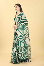 Thumbnail for Green Cotton Blend Printed Striped Saree with Unstitched Blouse - Hiral Fashion - Distacart
